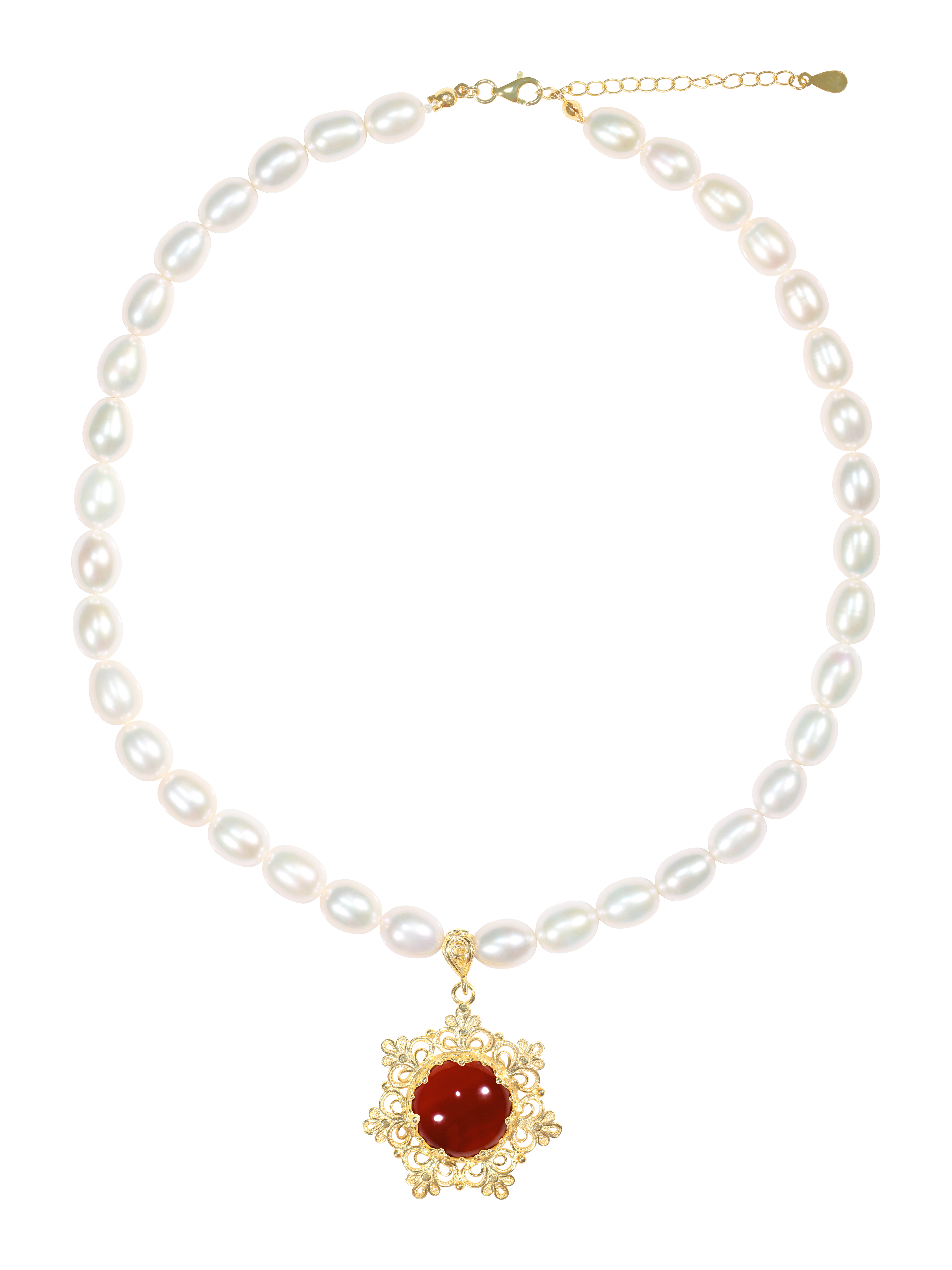 Soirée “Yakai” Freshwater Pearl Carnelian Pendant Necklace